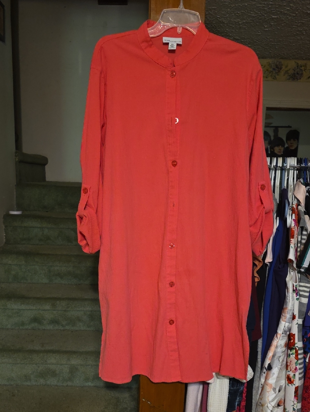 Long Sleeve Button-Front Women's Dress - Coral Red